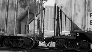 A black and white photograph of grain hopper cars.