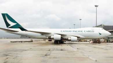 A white 747 jumbo jet with a green tail operated by Cathay Pacific Cargo sits on a wet tarmac.
