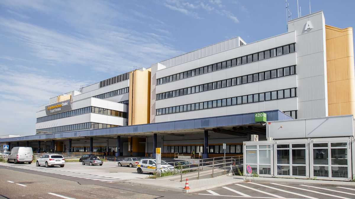 Entrance to the Lufthansa Cargo Center in Frankfurt. Large building.