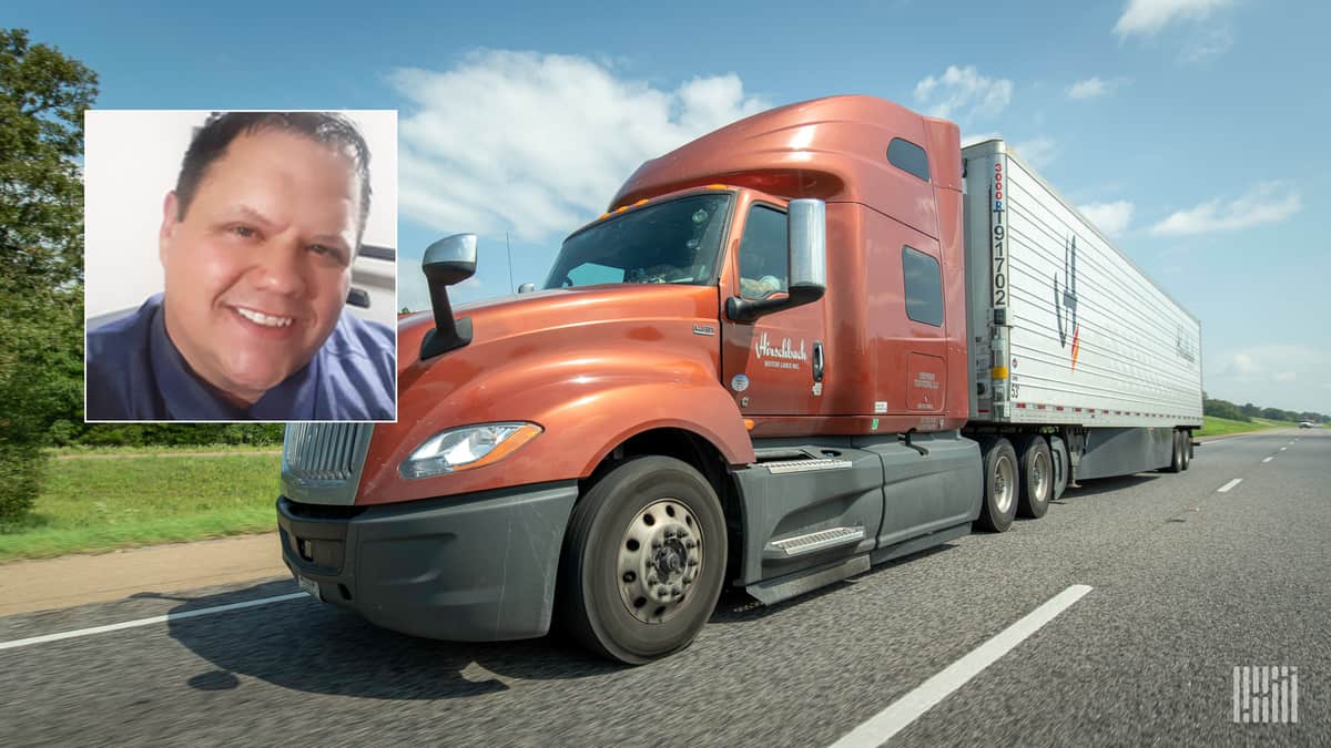 Photo of trucker Nick Still inset with photo of a Hirschbach Motor Lines truck.