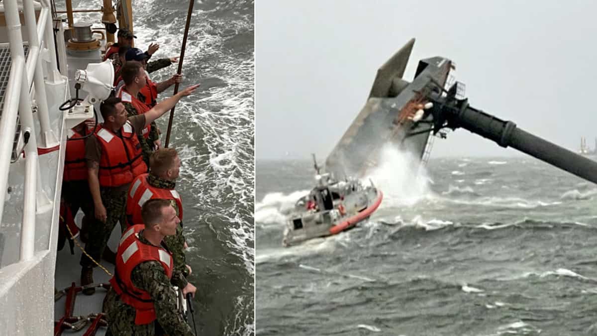 Coast Guard crew rescuing people from capsized commercial lift boat Seacor Power.