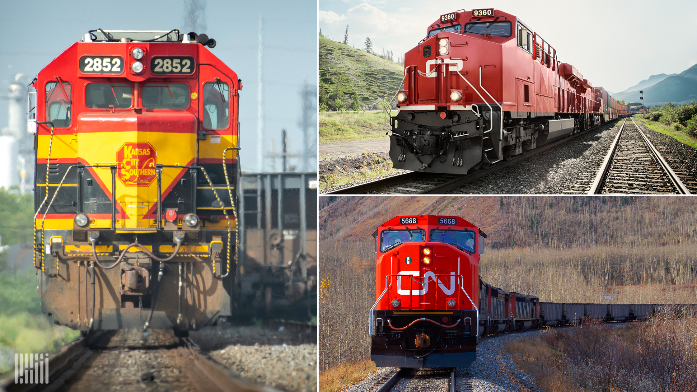 A composite image of three photographs of train locomotives.