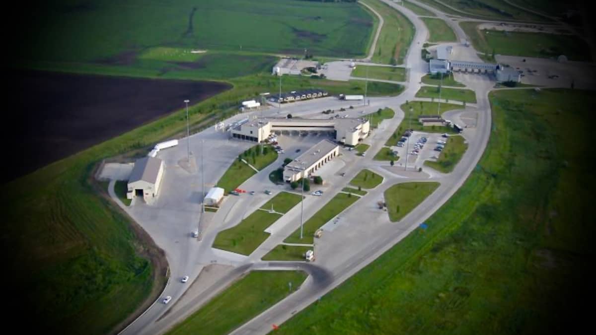 An aerial view of the Pembina U.S.-Canada border crossing, where two truck drivers were arrested.