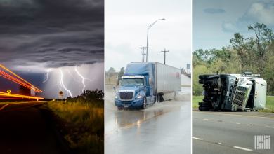 Collage of trucks in dramatic weather.