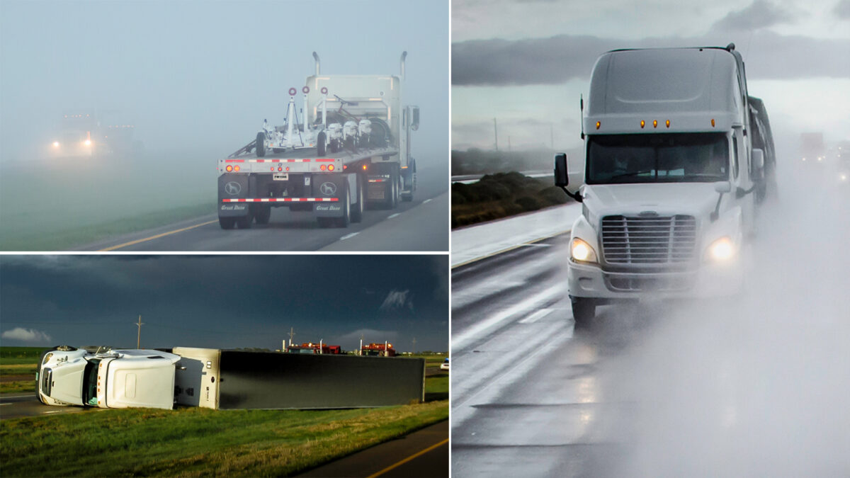 Montage of trucks in dramatic weather.