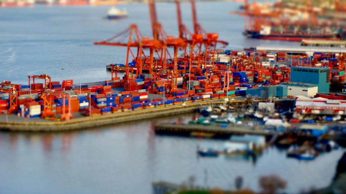 A view overlooking shipping containers at the Port of Vancouver. 