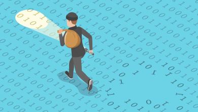 A illustration of a man in a burglar outfit running across 1s and 0s to illustrate data theft during a ransomware attack.