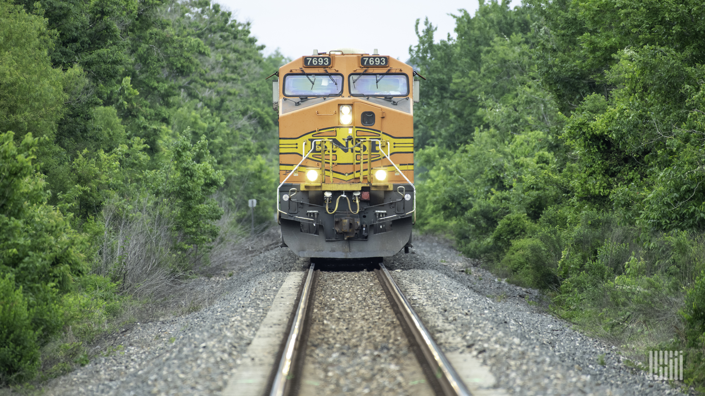 A photograph of a BNSF locomotive passing through a forest.