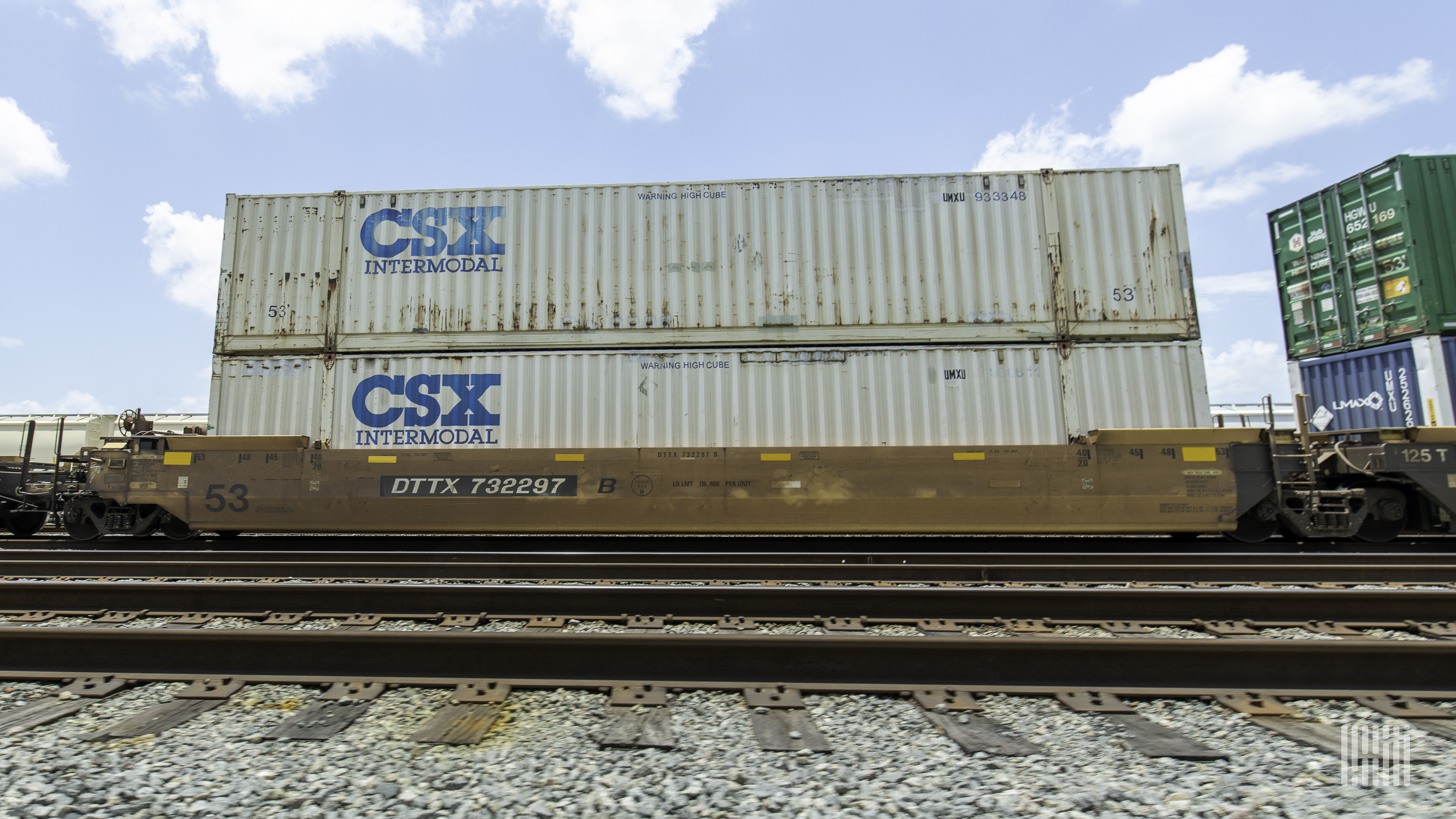 A photograph of intermodal containers on a train.