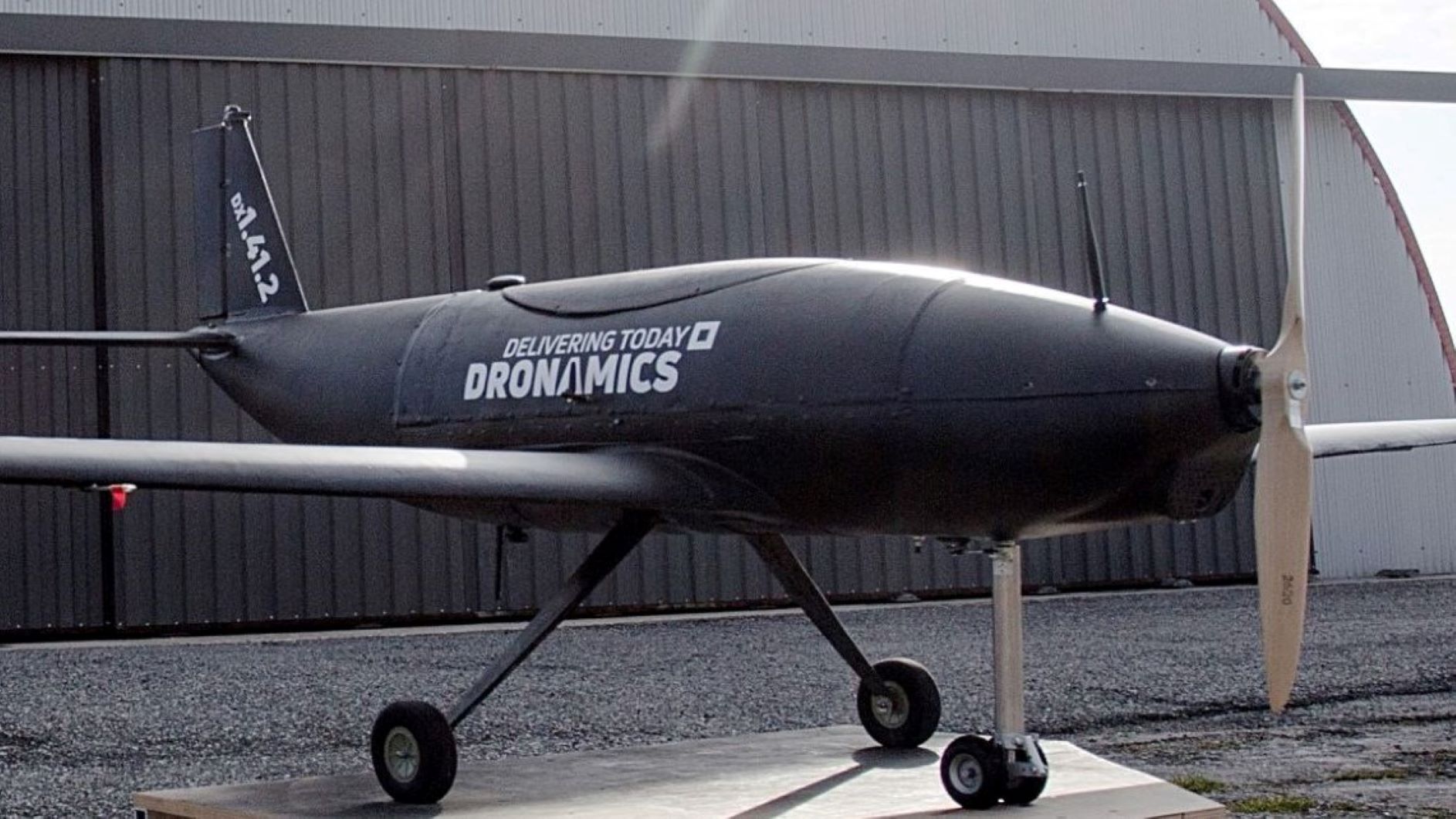 Close up of a black Dronamics unmanned aircraft.
