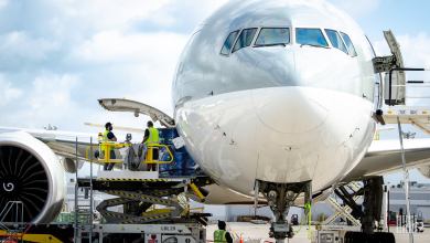 Crew loading/unloading cargo onto a jet.