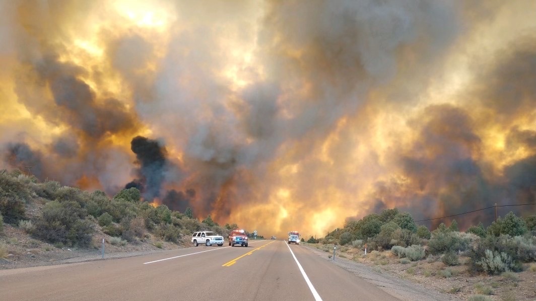 Eastern end of the Tamarack wildfire crossing U.S. Highway 395 in western Nevada.