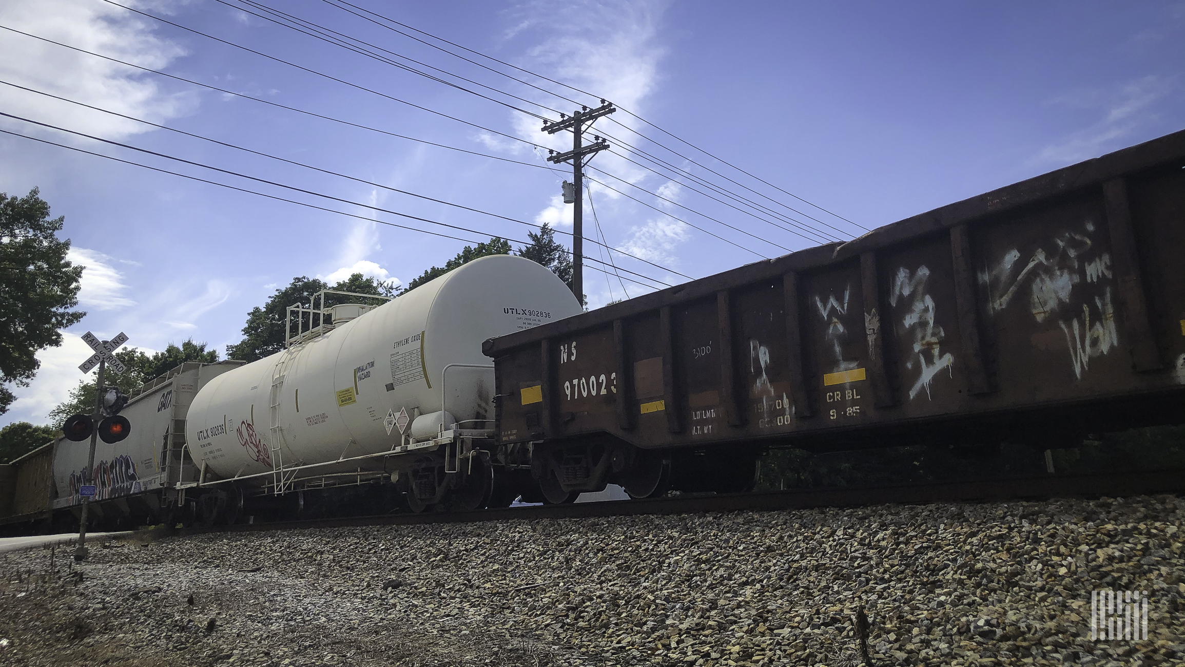 A photograph of a train passing through a rail crossing.