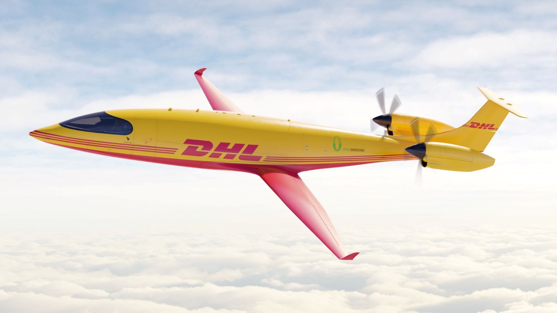 A rendering of a mustard-colored DHL electric cargo aircraft flying in the clouds.