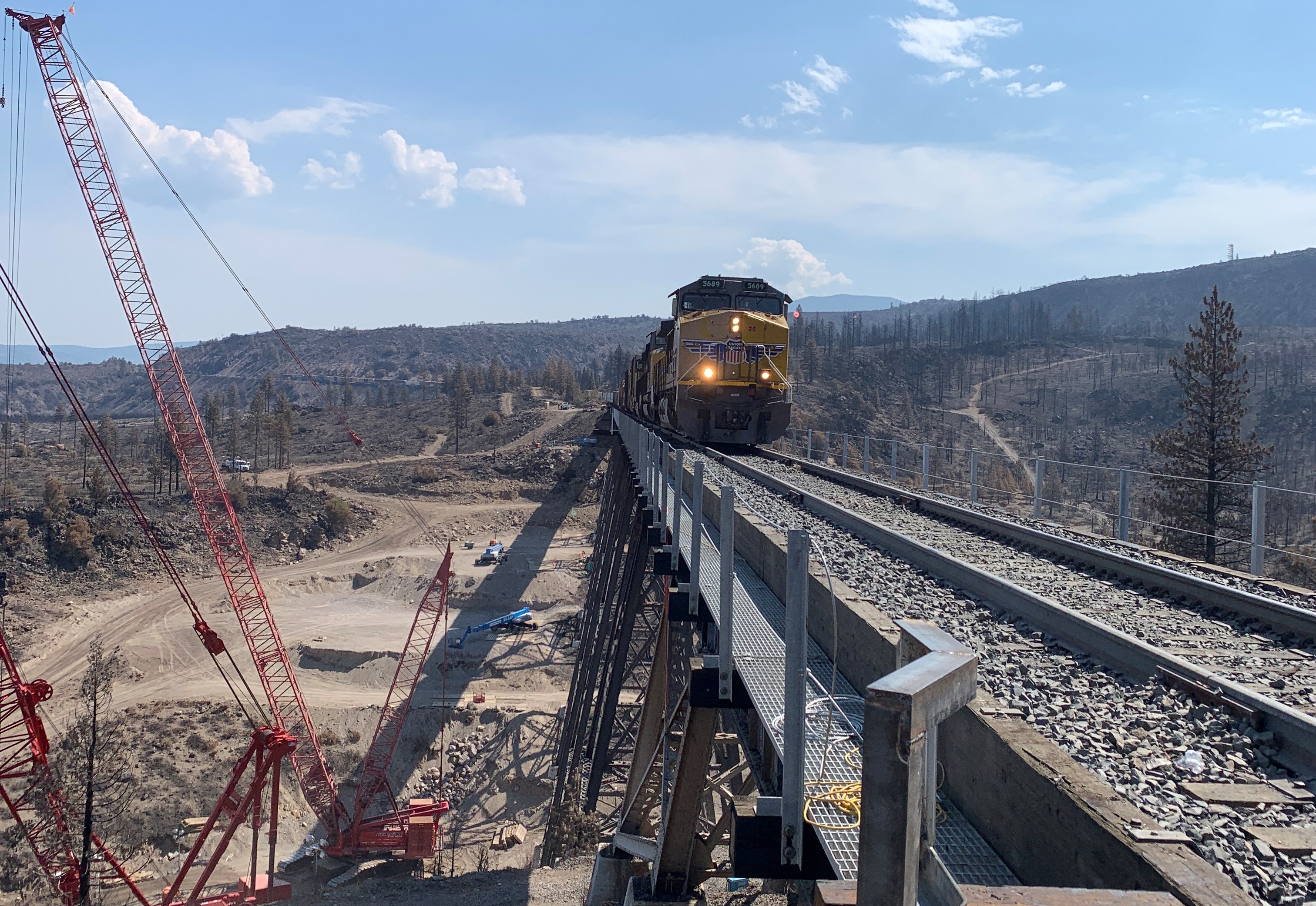 A photograph of a Union Pacific train crossing the Dry Canyon Bridge.