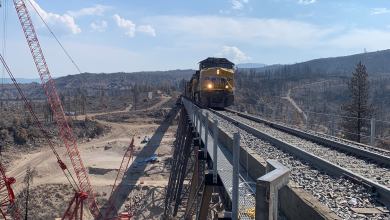 A photograph of a Union Pacific train crossing the Dry Canyon Bridge.