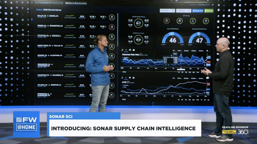 FreightWaves' Chief Product Officer Travis Rhyne (left) and Craig Fuller demonstrate SONAR SCI. (Photo: FreightWaves staff)