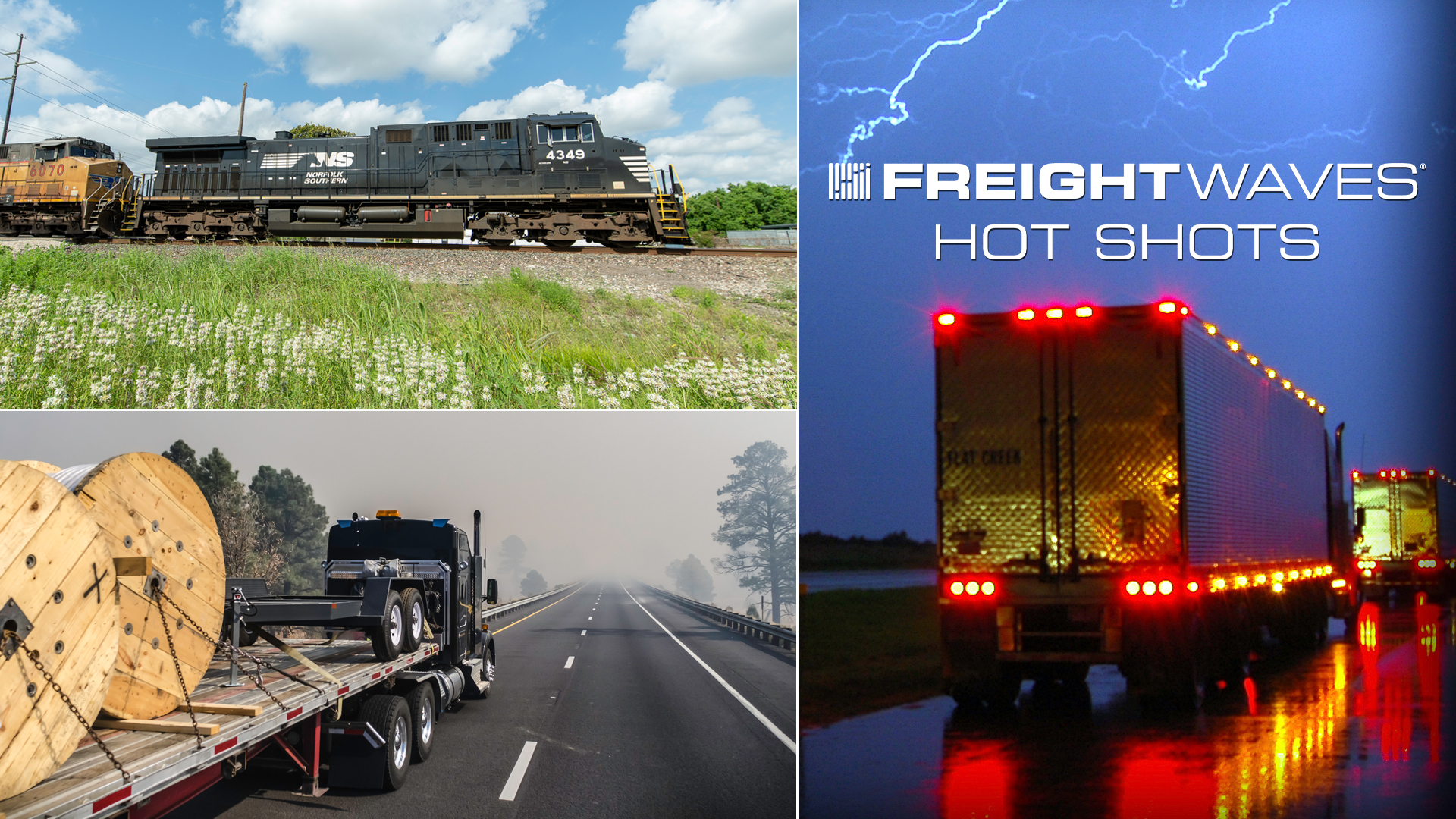Photo montage of a train, a tractor-trailer in rain and a flatbed truck with a smoky sky.