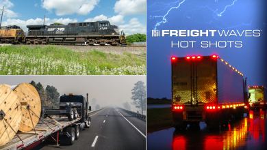Photo montage of a train, a tractor-trailer in rain and a flatbed truck with a smoky sky.