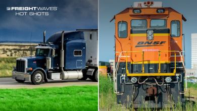 Photo montage of a BNSF train, and a tractor-trailer with a dark storm cloud across the sky.