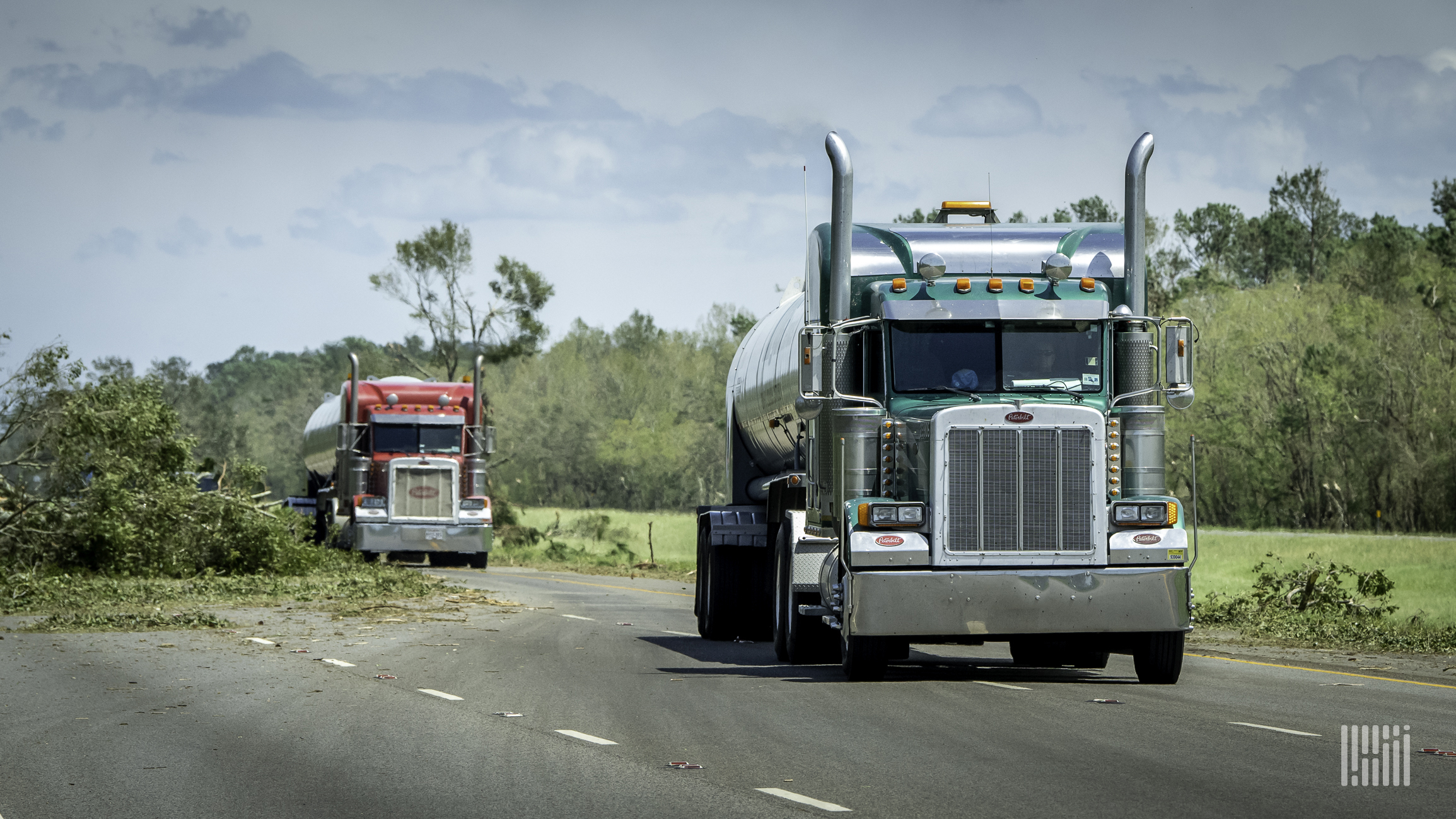 Tractor-trailers in areas damaged by Hurricane Laura.