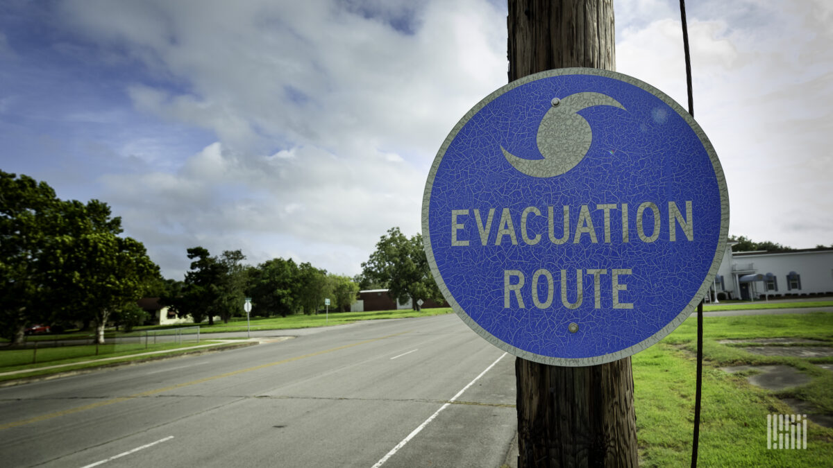 Evacuation route sign. (Photo: Jim Allen/FreightWaves)