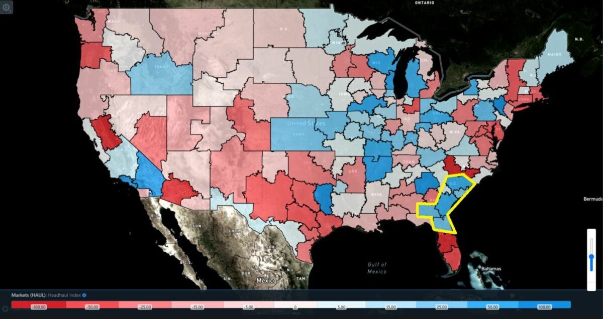 A recent SONAR map shows 135 U.S. markets. Blue markets have greater opportunities for freight transportation than the red and white markets. (Image: FreightWaves SONAR)