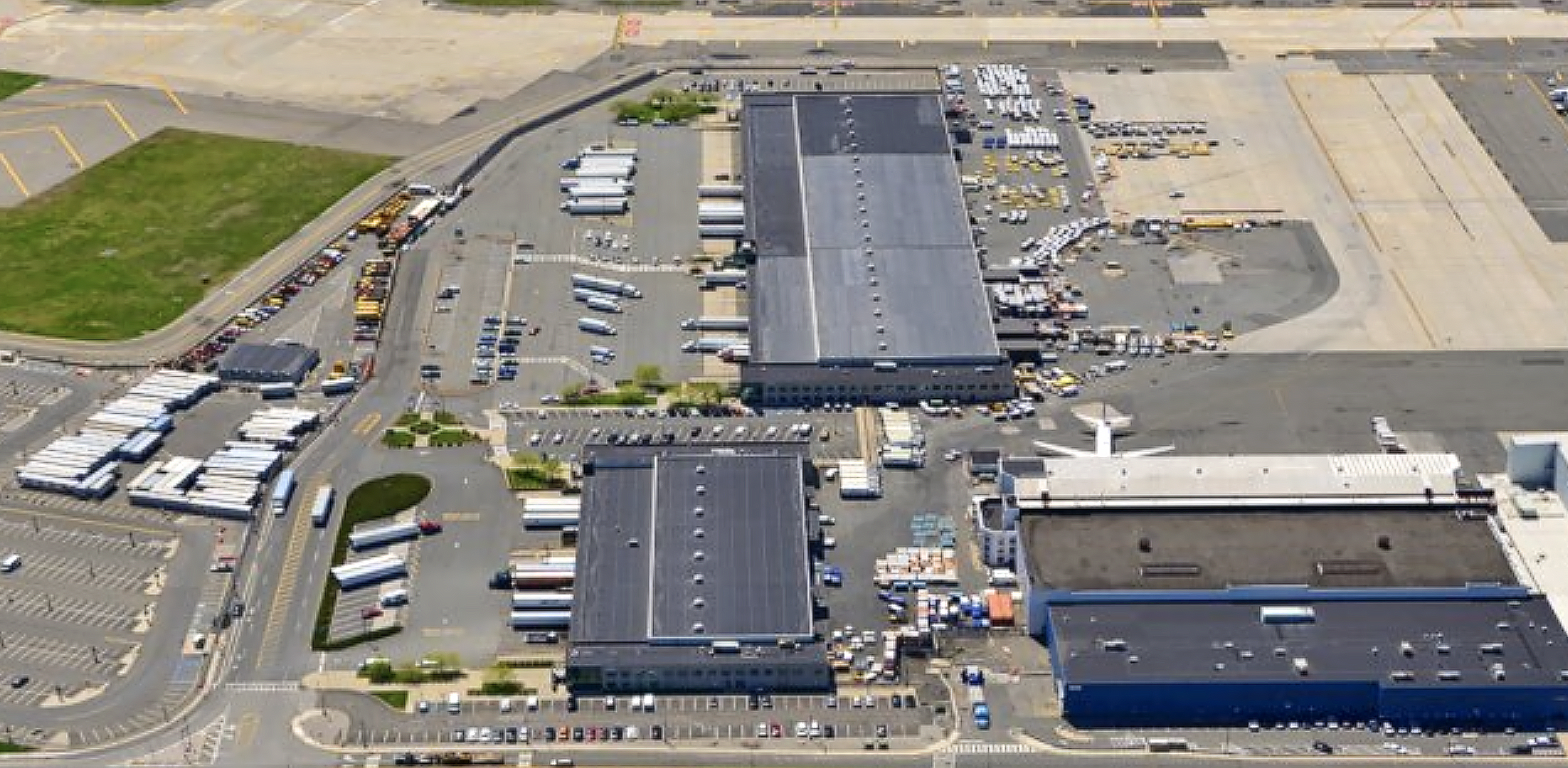 Overhead view of cargo terminals at Newark Liberty airport.