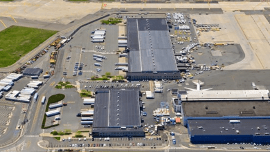 Overhead view of cargo terminals at Newark Liberty airport.