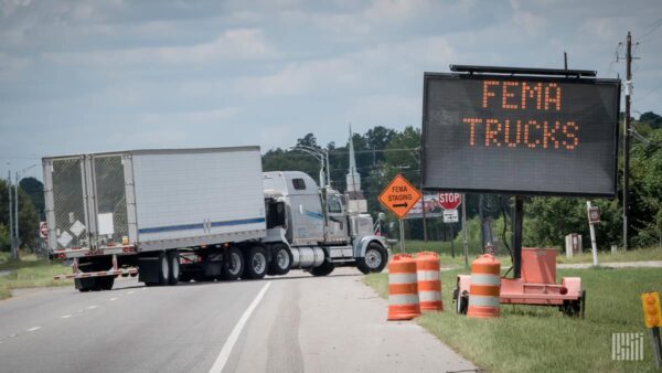 Tractor-trailer enters a FEMA site. (Photo: Jim Allen/FreightWaves)