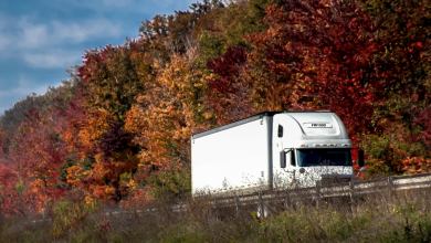 Tractor-trailer on a highway surrounded by fall foliage.