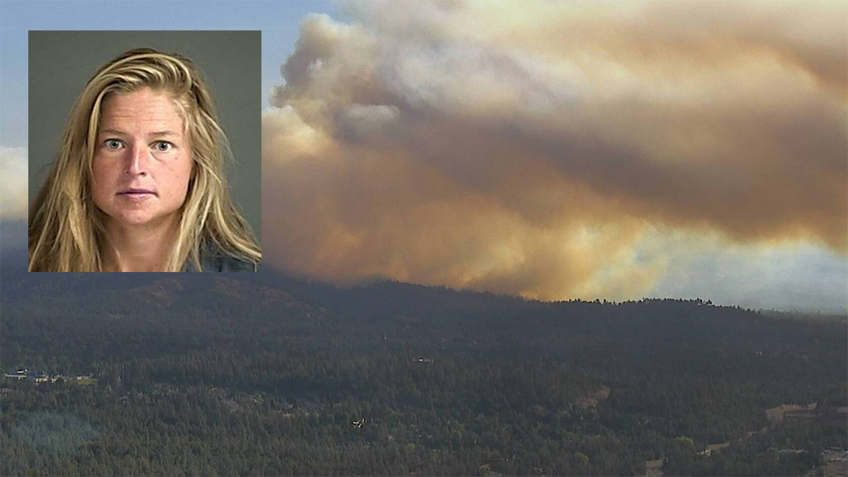 Smoke from the Fawn fire in northern California, with inset of woman accused of setting the fire.