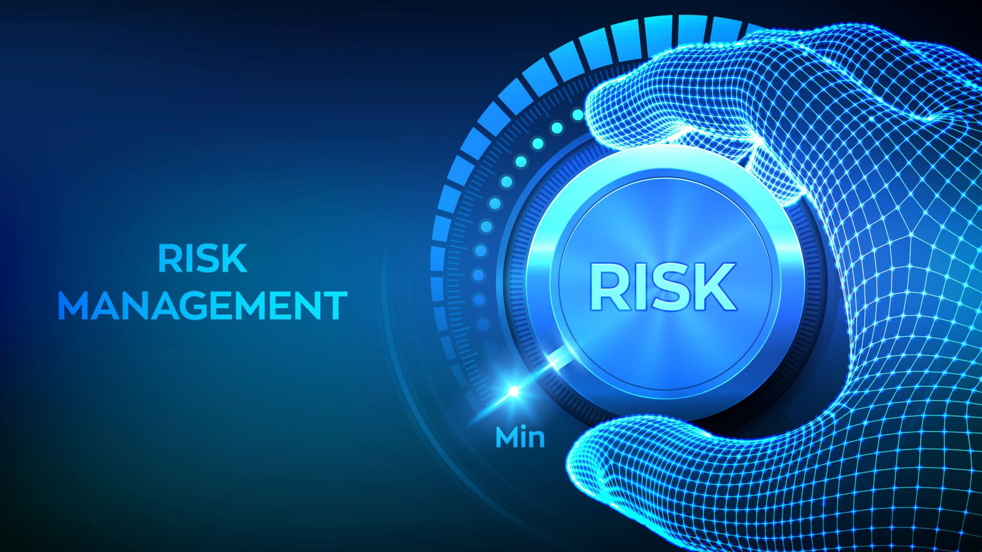 A blue computer generated image of a hand on a dial labeled "risk management."