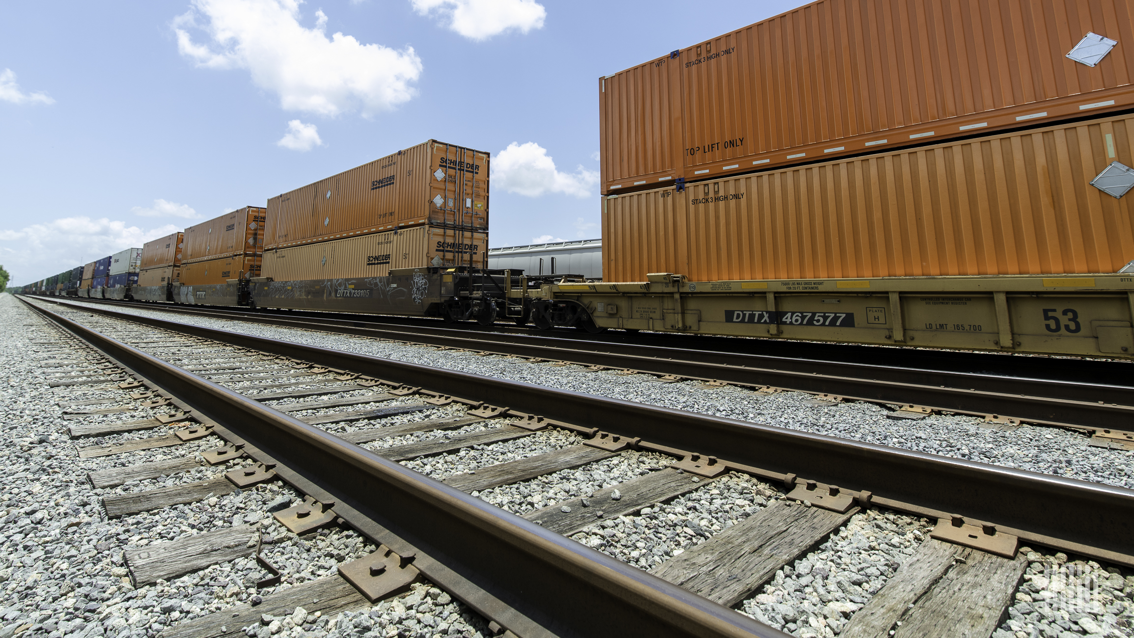 A photograph of intermodal containers on a rail track.