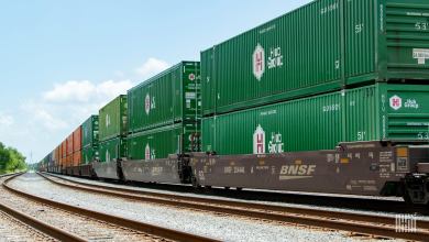 A photograph of a train hauling intermodal containers.