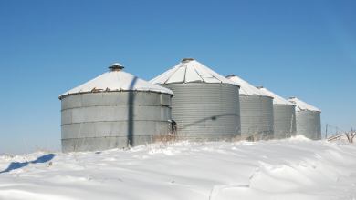 A photograh of grain bins in a snowy field.
