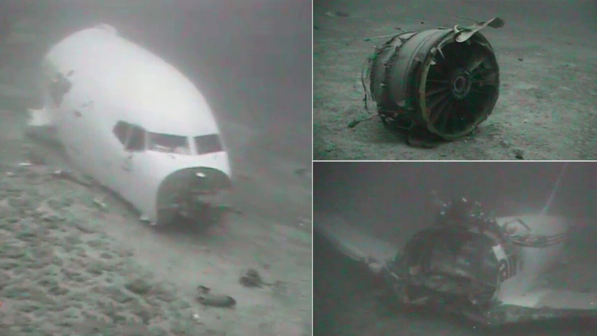 Underwater images of fuselage and engine of plane that crashed in ocean.
