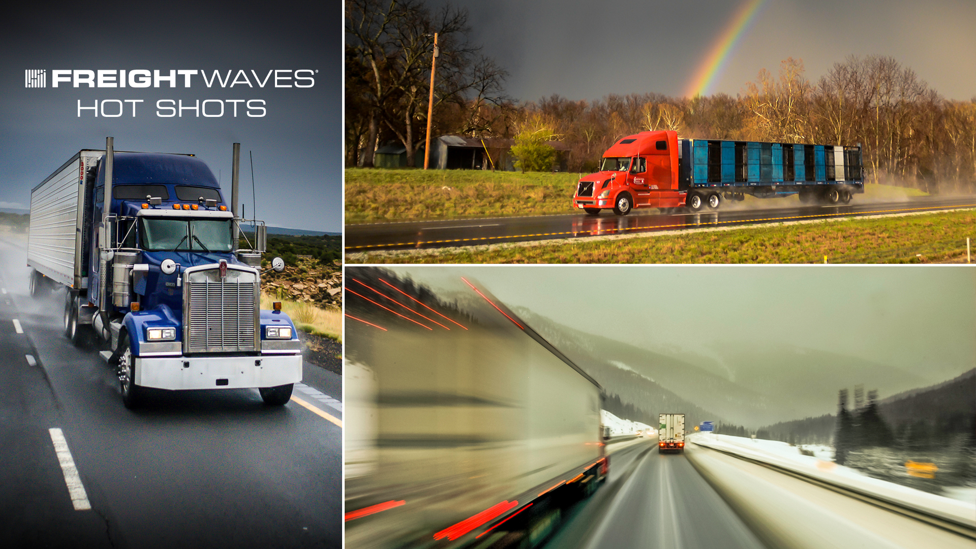 Photo montage of tractor-trailers in rain, snow and with a rainbow in the background.