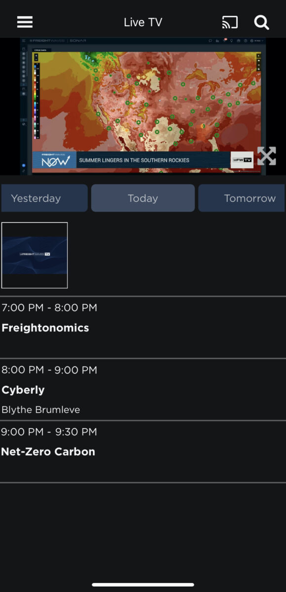 A screenshot of FWTV programming from a mobile device. (Image: FreightWaves)