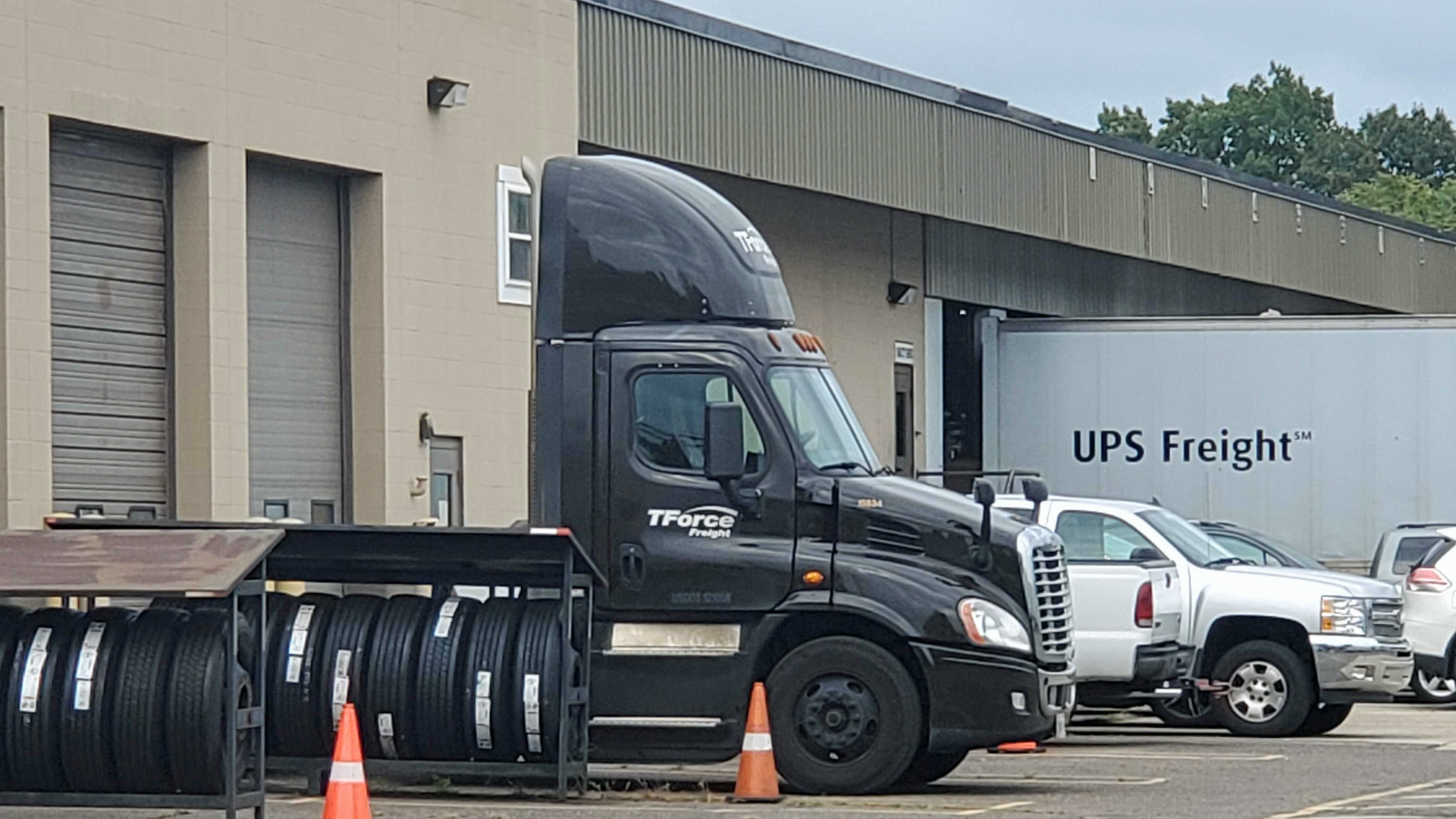 A TForce Freight truck parked at a former terminal of UPS Freight now owned by TFI International.