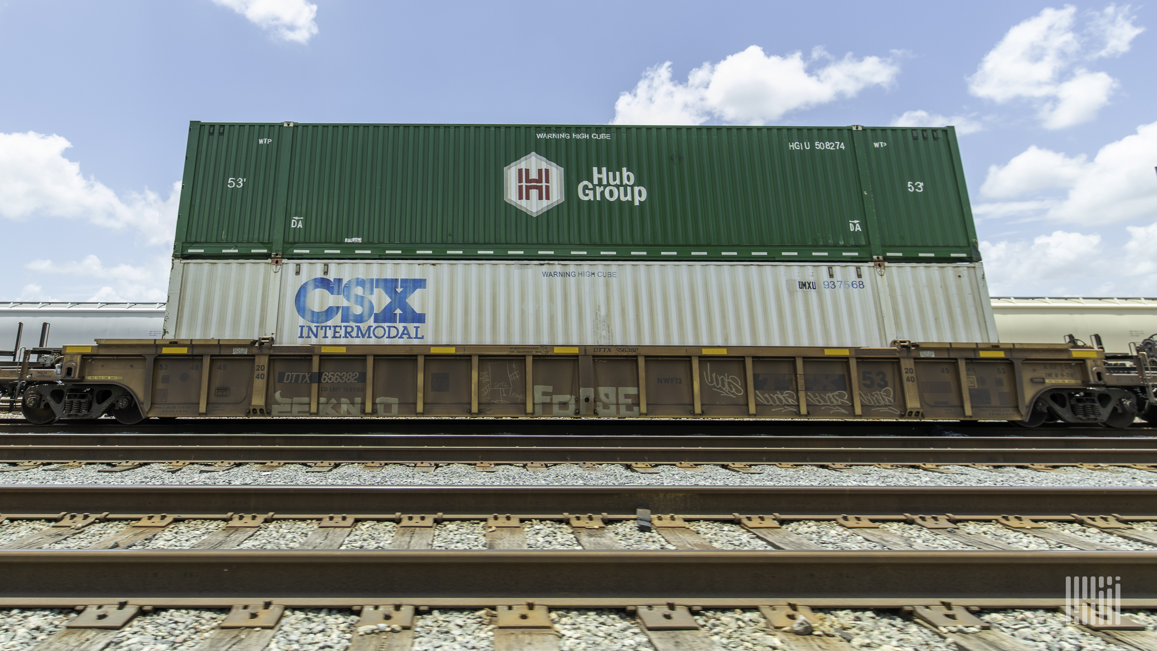 A photograph of a two intermodal containers stacked on top of a train.