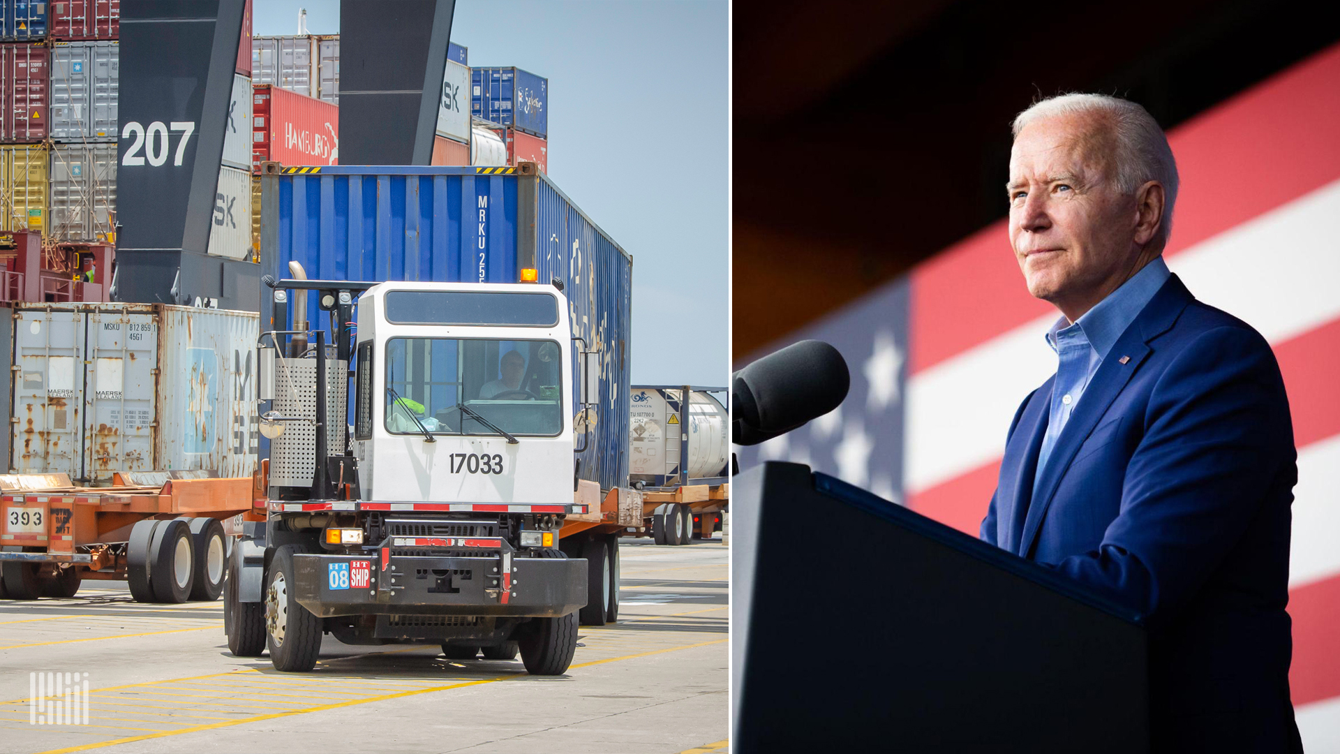 Side photos of President Biden and tractors moving containers at a port