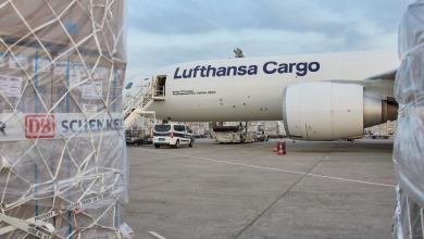 A plastic-wrapped cargo pallet in foreground, with a Lufthansa Cargo jet in the background.