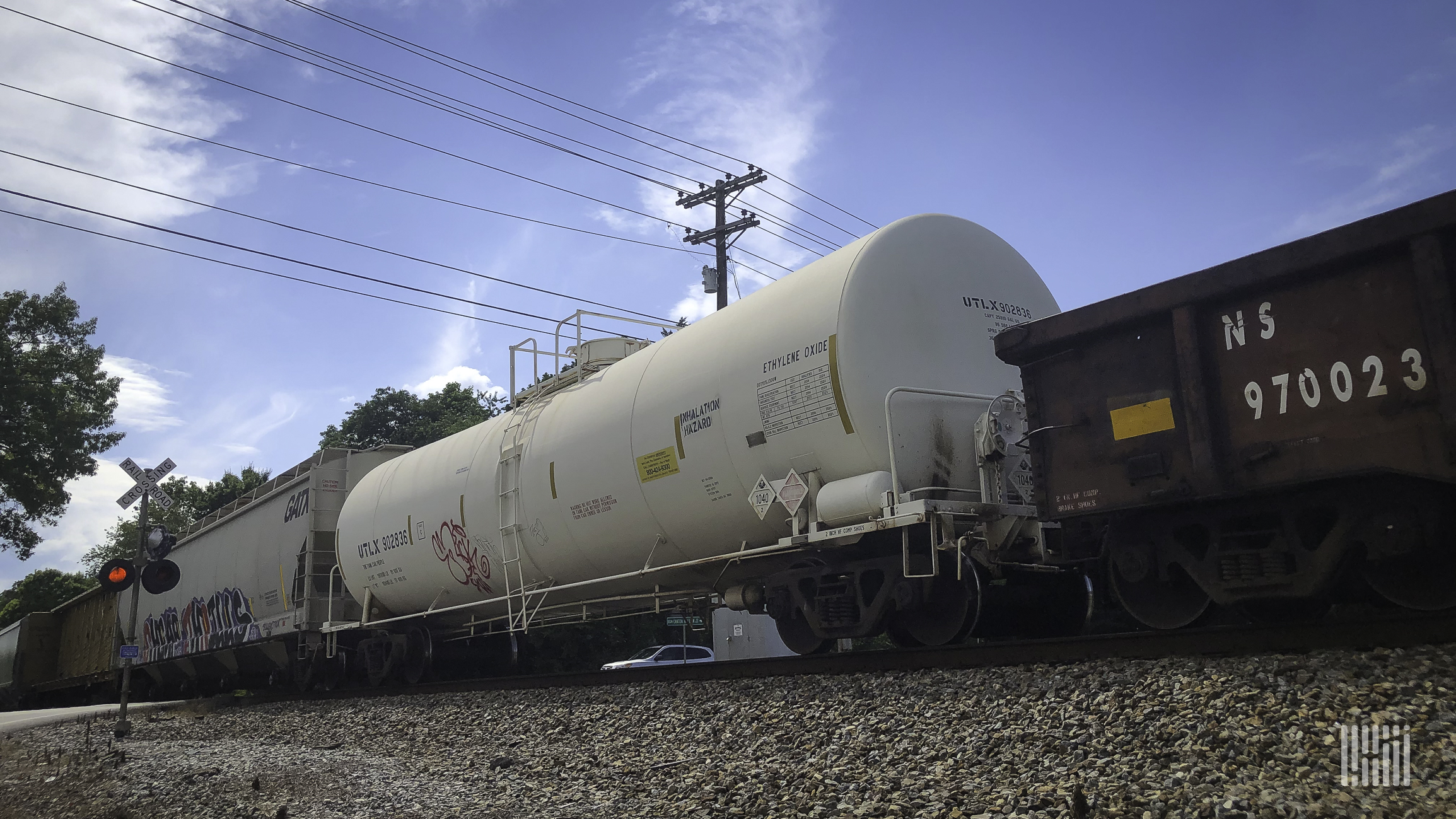 A photograph of a freight train at a rail crossing.