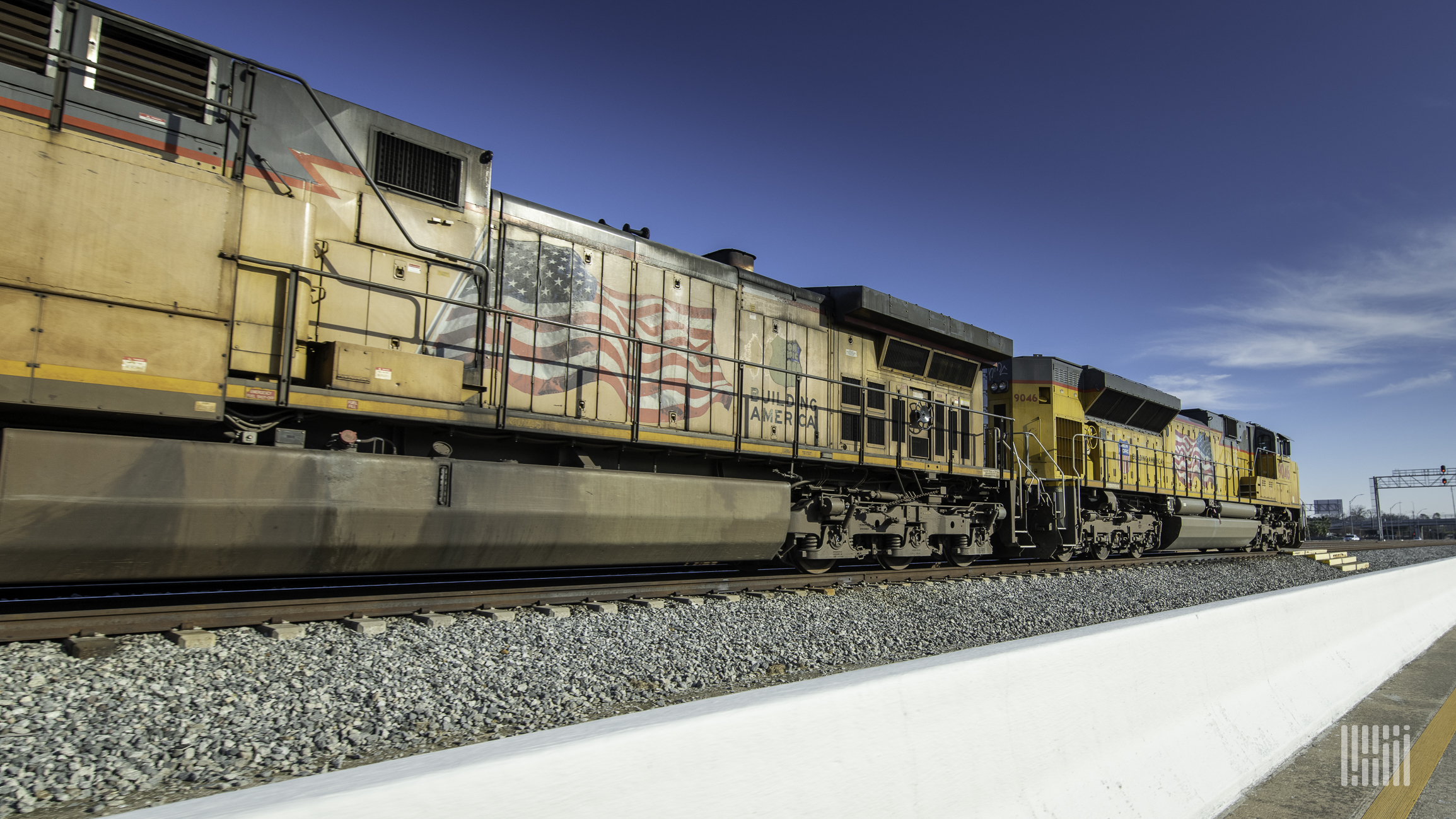 A photograph of two Union Pacific locomotives.