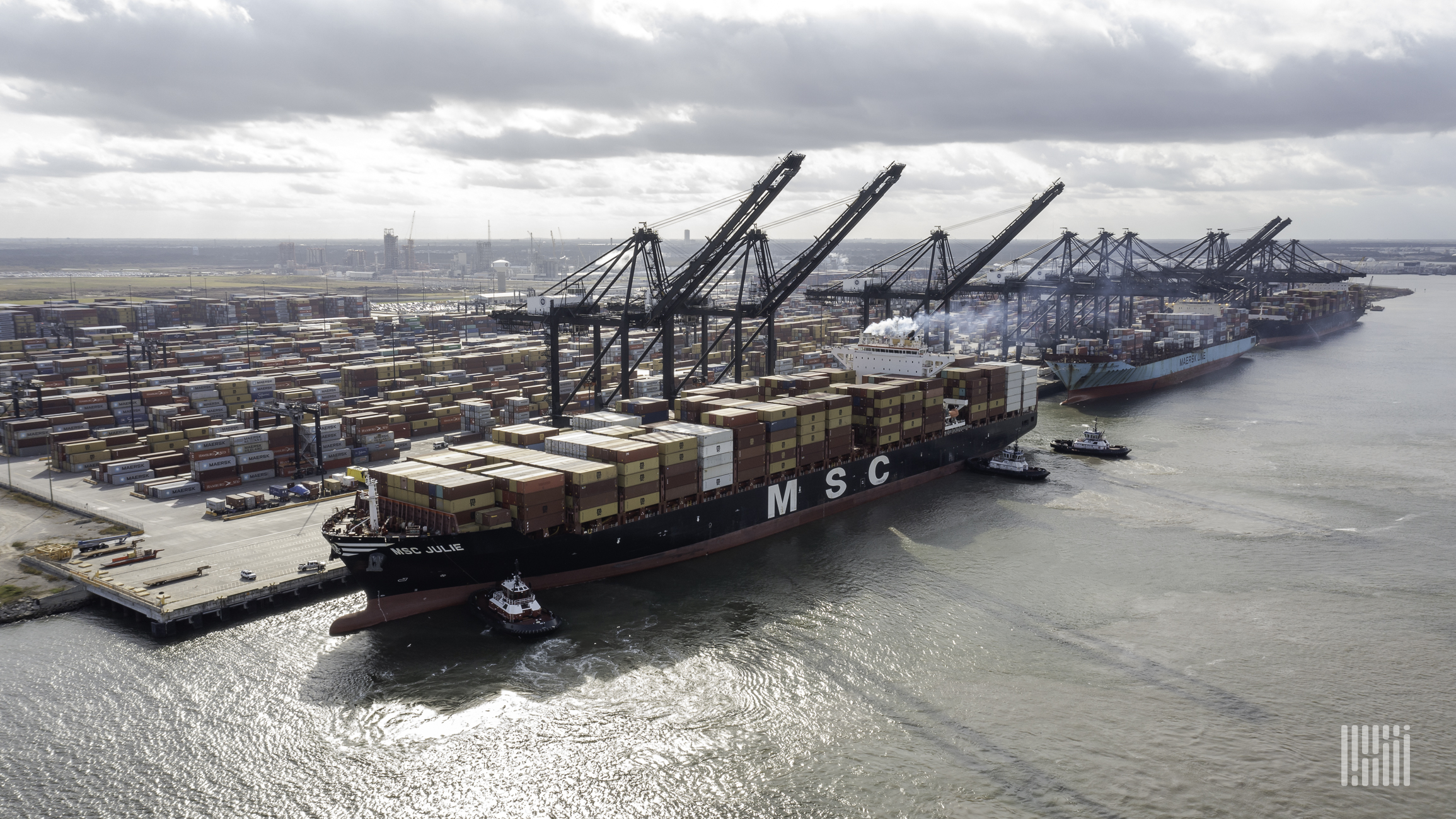 Large container ships at a marine terminal with ship-to-shore cranes reaching across.