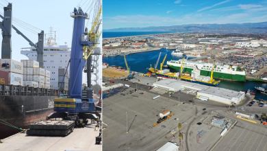 Split screen with a cargo vessel on the left and aerial shot of port on the right.