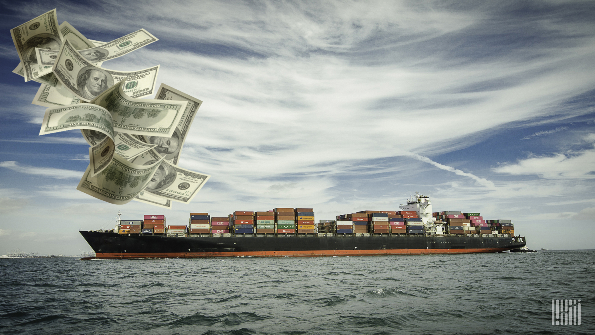 A container vessel with fluttering dollar bills superimposed in image.