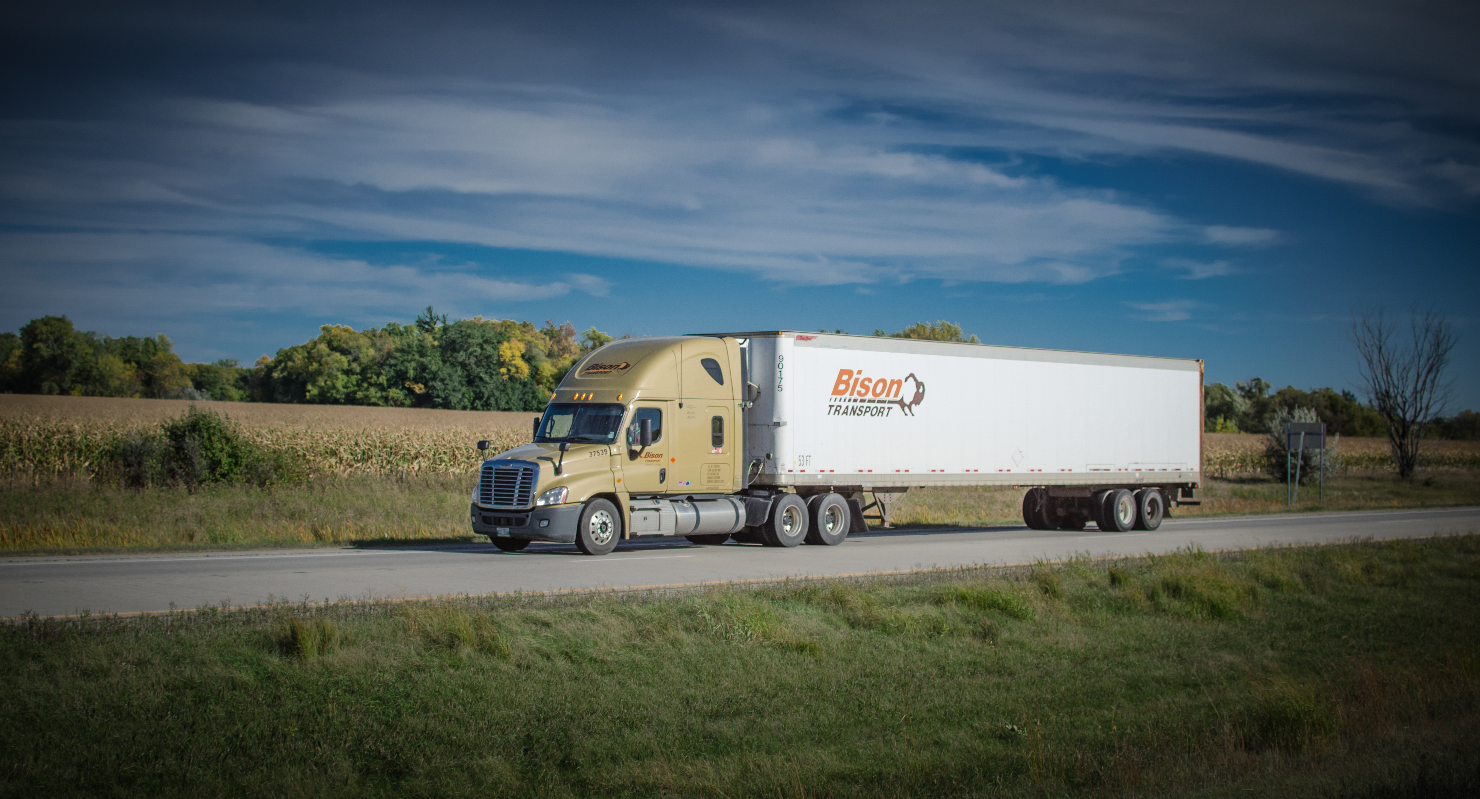 A tractor-trailer of Bison Transport on a highway.