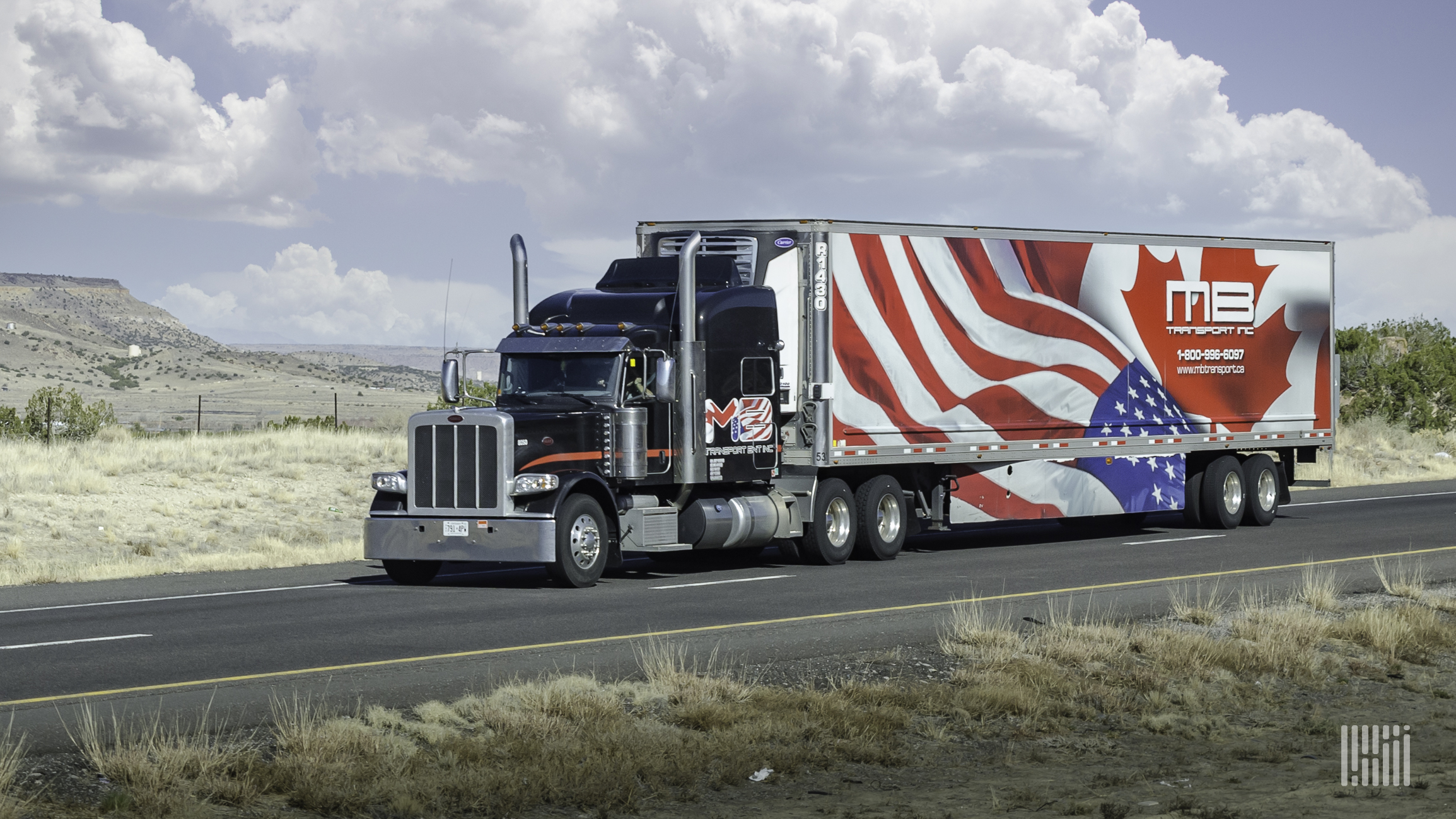 A semi-truck with a Canadian and US flag on the trailer travels on a higheway.